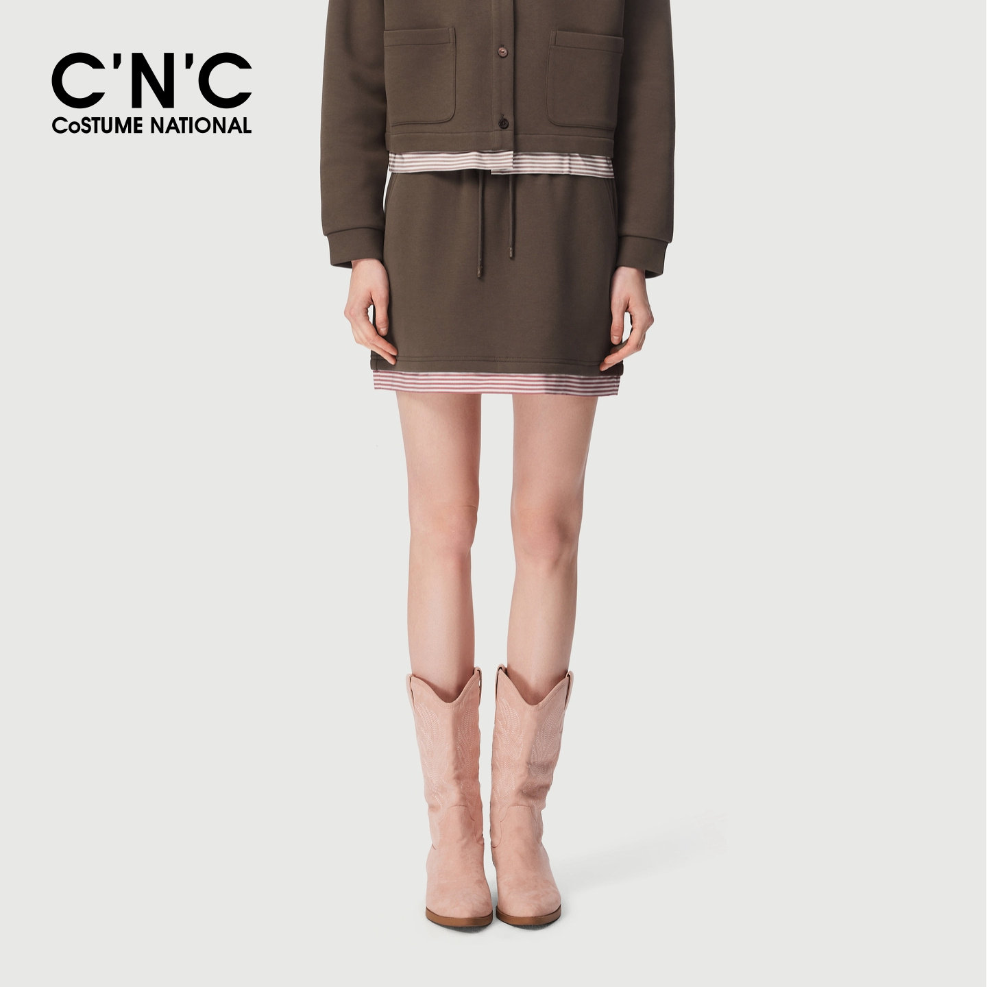 CNC女装条纹假两件卫裙2026早秋抽绳松紧腰A字休闲半身裙短裙