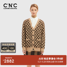 棋盘格针织开衫 CNC女装 复古驼色羊毛羊绒毛衣外套 女2023秋冬新款