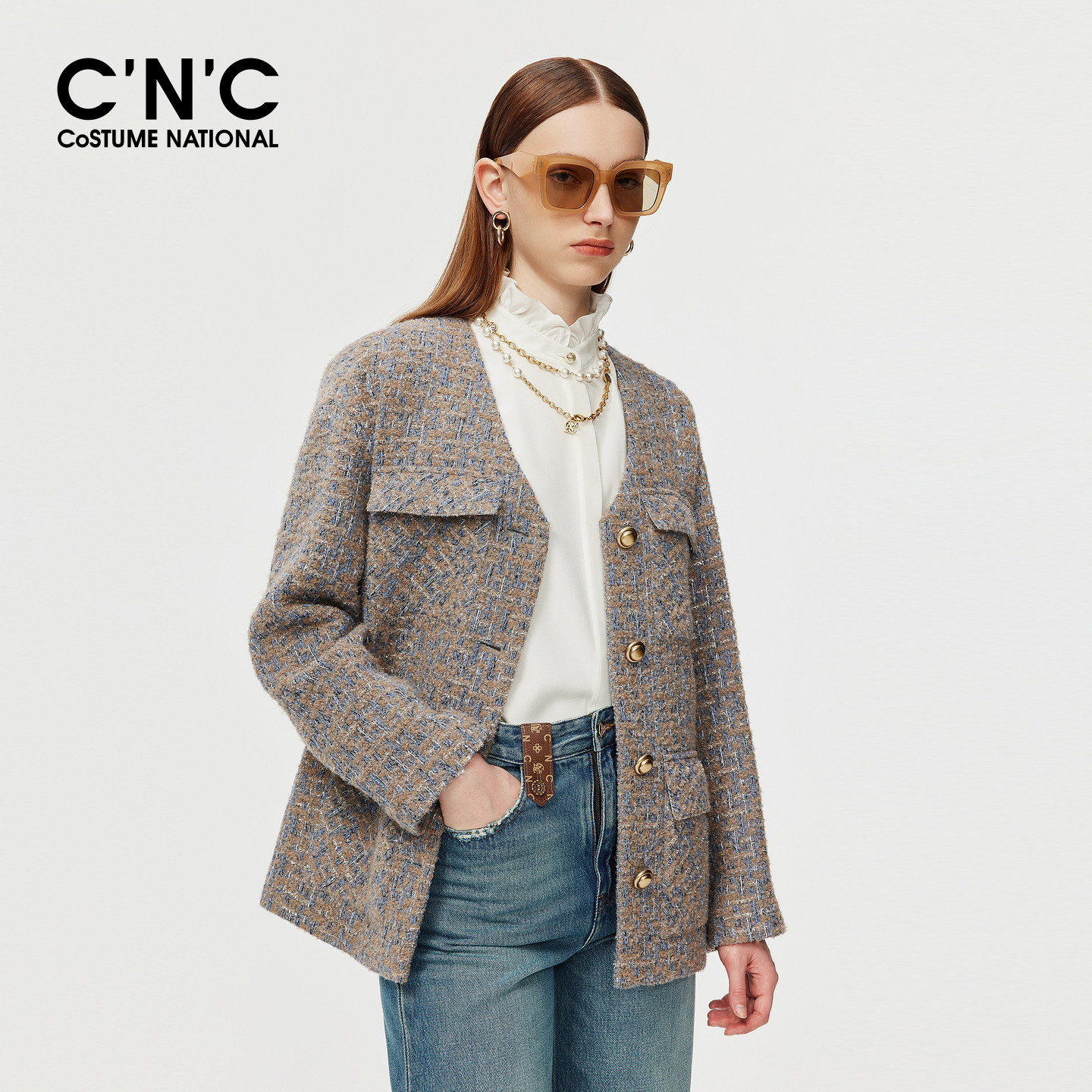 CNC女装杂色粗花呢V领外套秋冬西装版型肌理感宽松外套女