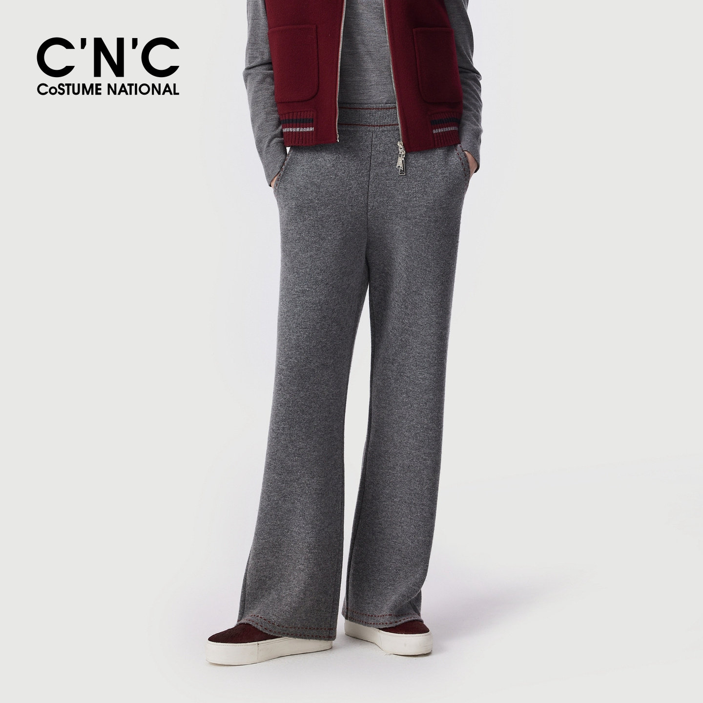 CNC女装灰色针织微喇裤2026秋冬撞色明线含羊毛高腰弹力休闲长裤