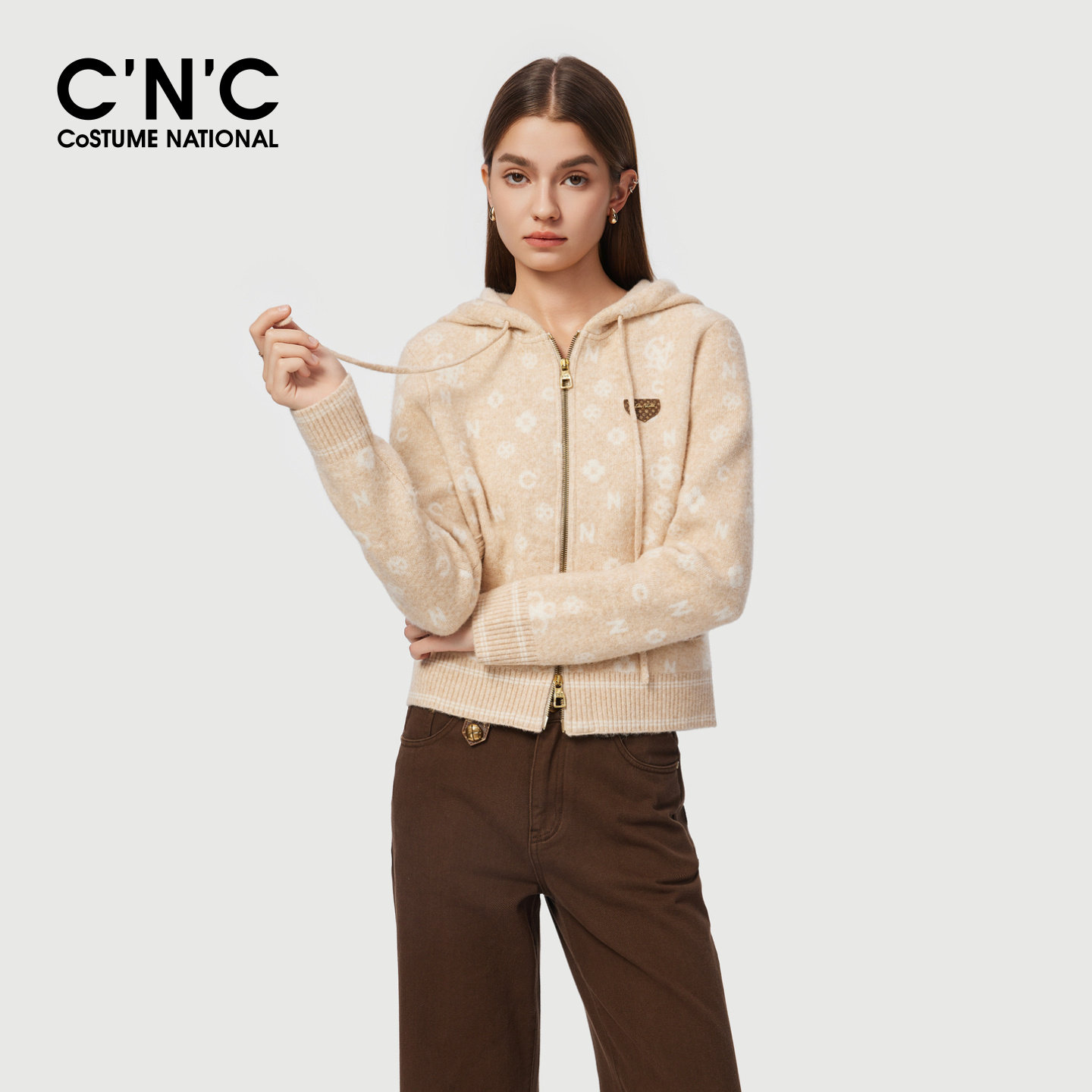 CNC女装含羊毛满身提花连帽短款针织外套女秋冬双拉链毛衣外套