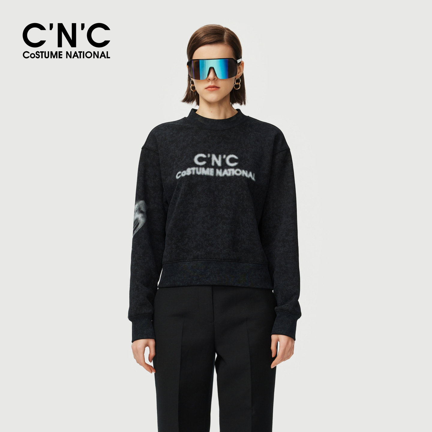 CNC女装时尚泼墨印花套头半高领长袖卫衣女秋冬厚实休闲上衣内搭