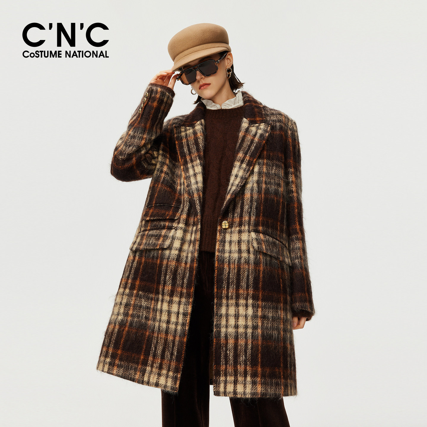 CNC女装复古格子含羊毛中长款大衣女秋冬高端保暖毛呢外套