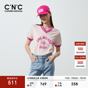 全棉舒适透气字母印花上衣 CNC女装 夏季 新品 撞色V领T恤女短袖