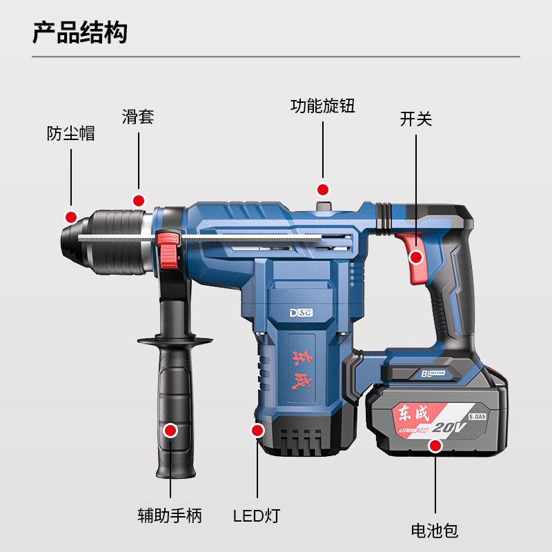 电动工具02-28充电电锤冲击钻20V锂电无刷两用多功能电锺电镐东成