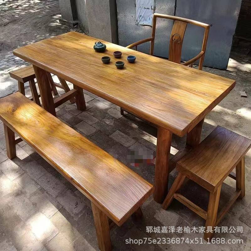 老榆木桌椅凳子合实木大板茶桌茶阳台台长条餐桌组家用原木书桌