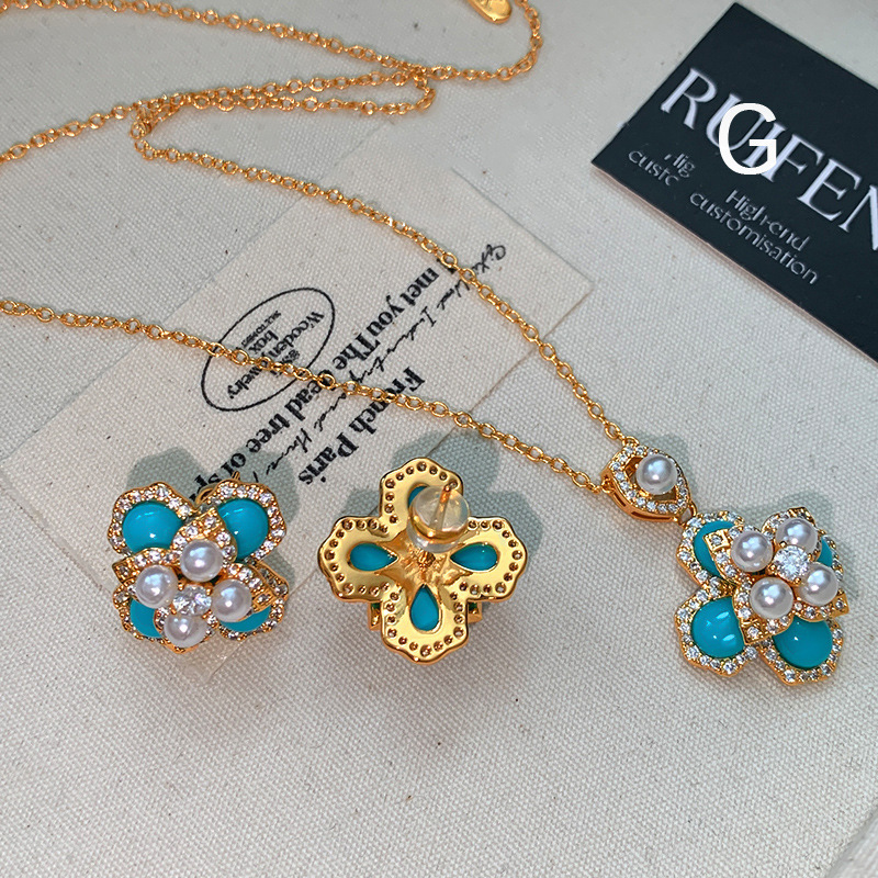 925纯银针绿松石四叶花珍珠耳钉