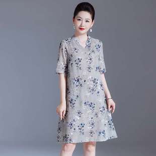 聲雨竹新中式 夏季 新款 真絲碎花媽媽 國風桑蠶絲連衣裙女中老年時尚