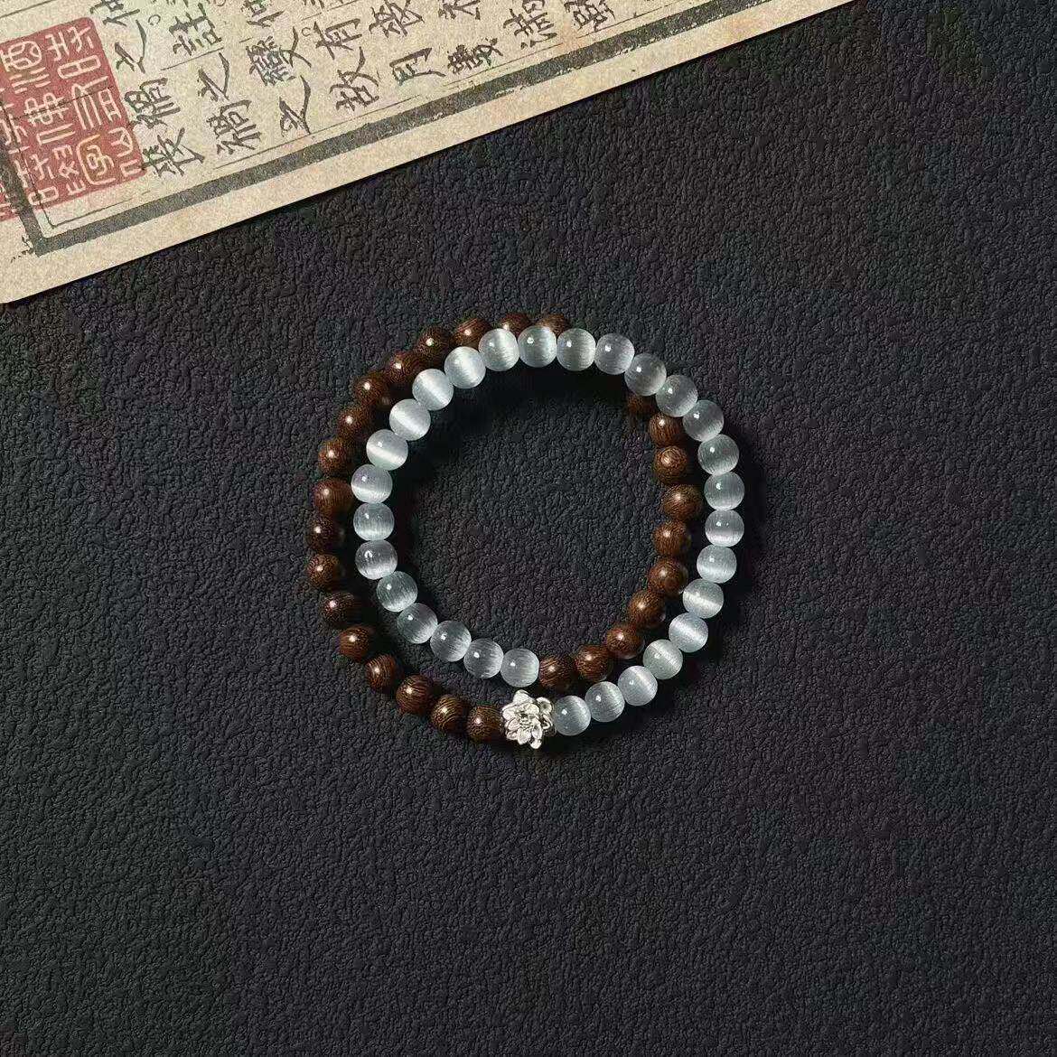 檀木猫眼串珠中式金丝双圈情侣手串木质莲花手链双层小众礼物