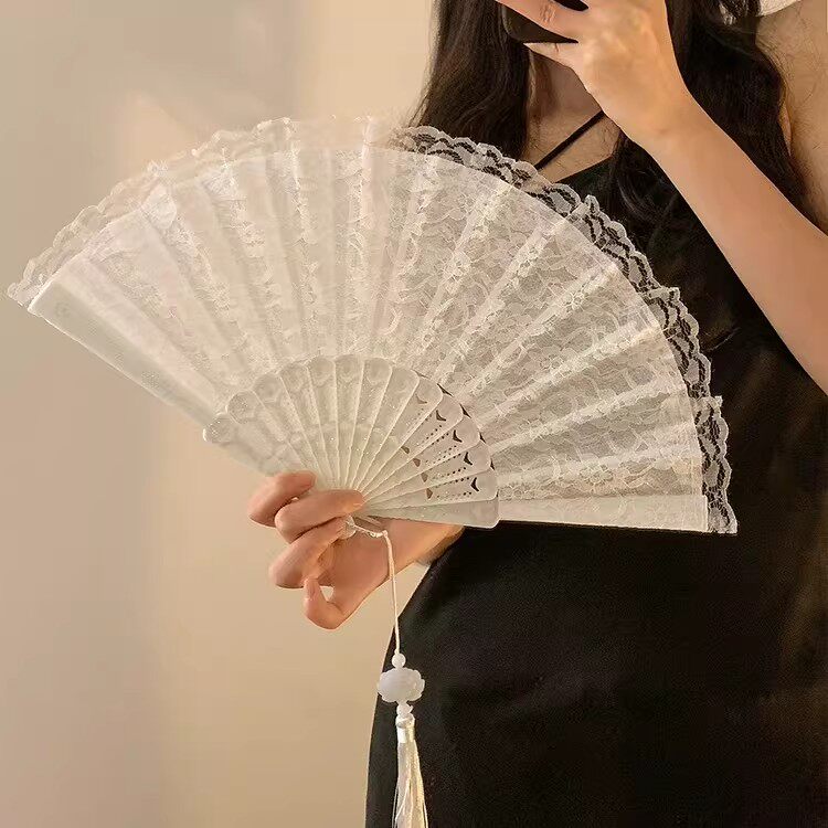 蕾丝流苏折叠小扇子法式古风夏季随身便携舞蹈汉服女生中国风折扇