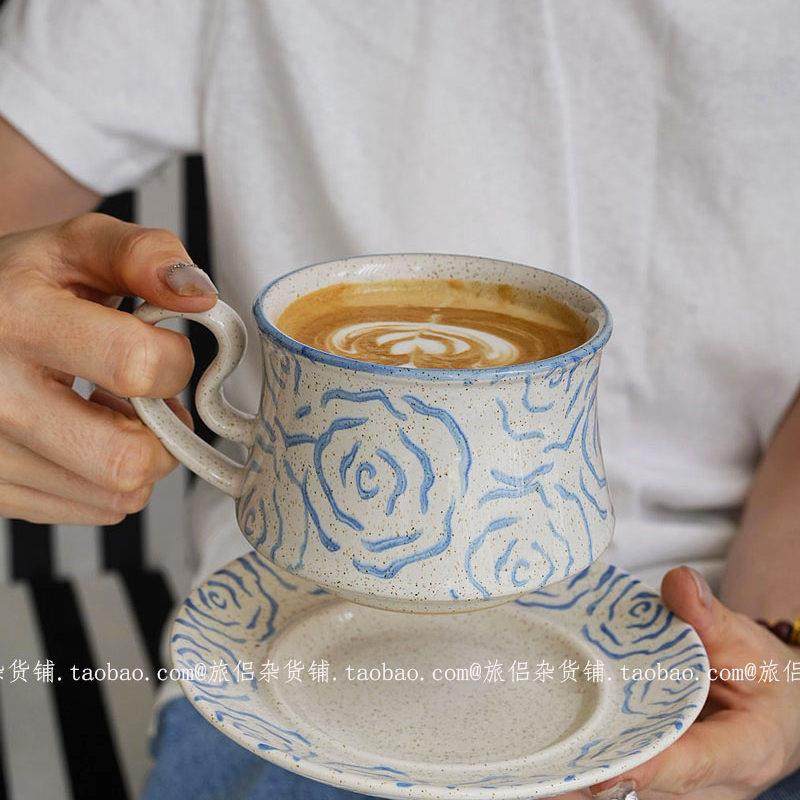 法式覆古釉下彩蓝玫瑰陶瓷咖啡杯碟拿铁拉花杯下午杯中古杯礼物,餐饮具,咖啡杯,淘宝优惠券,粉丝福利购,淘宝优惠卷