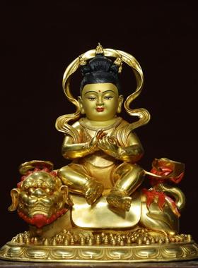 童子坐兽黄铜全鎏金彩绘文殊菩萨客厅佛堂供佛桌面装饰品覆古摆件