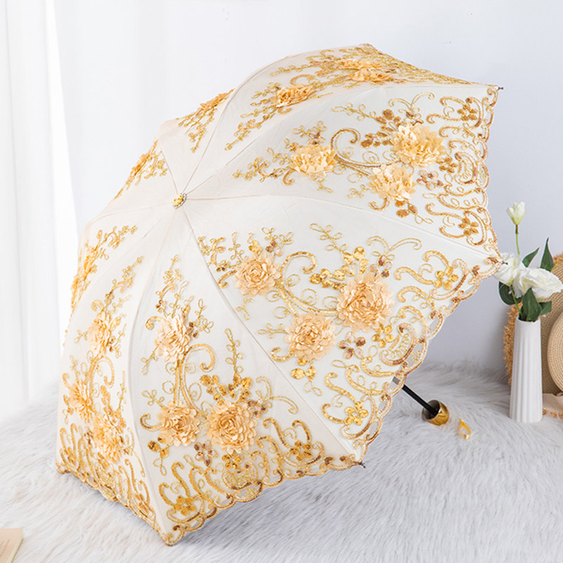 高档刺绣遮阳伞蕾丝太阳伞黑胶防紫外线防晒折叠伞小清新晴雨两用
