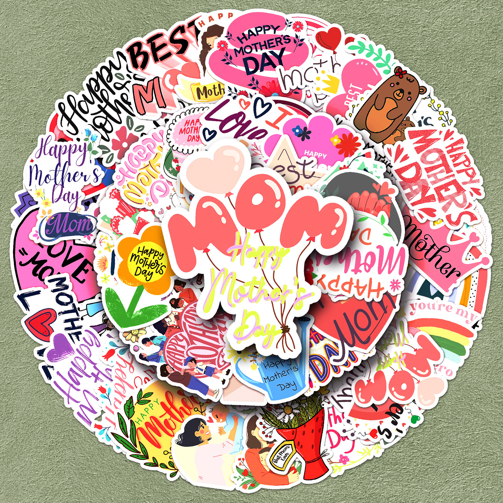 100张母亲节Mother's Day节日贴纸英文创意彩绘防水无