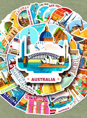 100张城市地标贴纸文化现代知名建筑风景旅游素材卡通创意手机ipad笔记本电脑旅行箱汽车自行车咕卡吉他贴纸