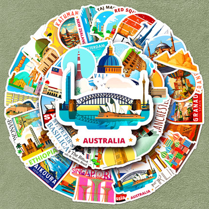 100张城市地标贴纸文化现代知名建筑风景旅游素材卡通创意手机ipad笔记本电脑旅行箱汽车自行车咕卡吉他贴纸