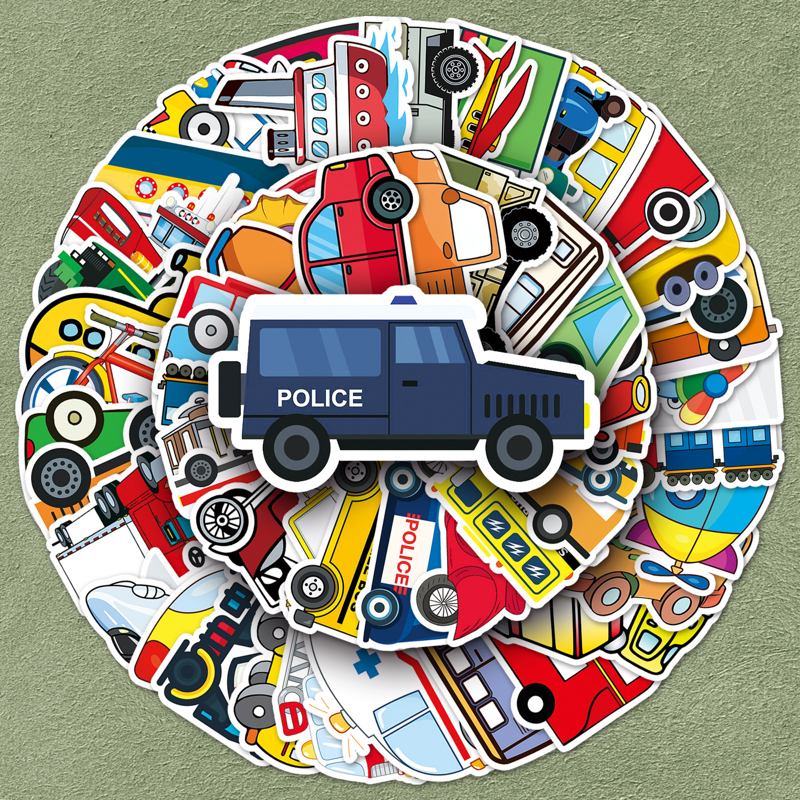 100张不重复交通工具卡通贴纸汽车自行车摩托车飞机轮船涂鸦装饰儿童玩具文具盒水杯相册滑板车pvc防水贴画