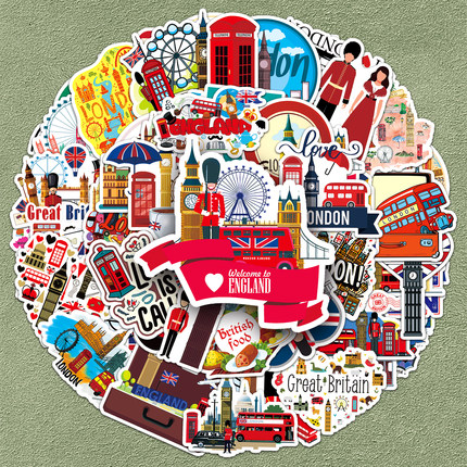 100张英国UK贴纸艺术人文地理城市建筑风景个性卡通创意卡通涂鸦简约手机壳笔记本电脑行李箱电动车标签贴纸
