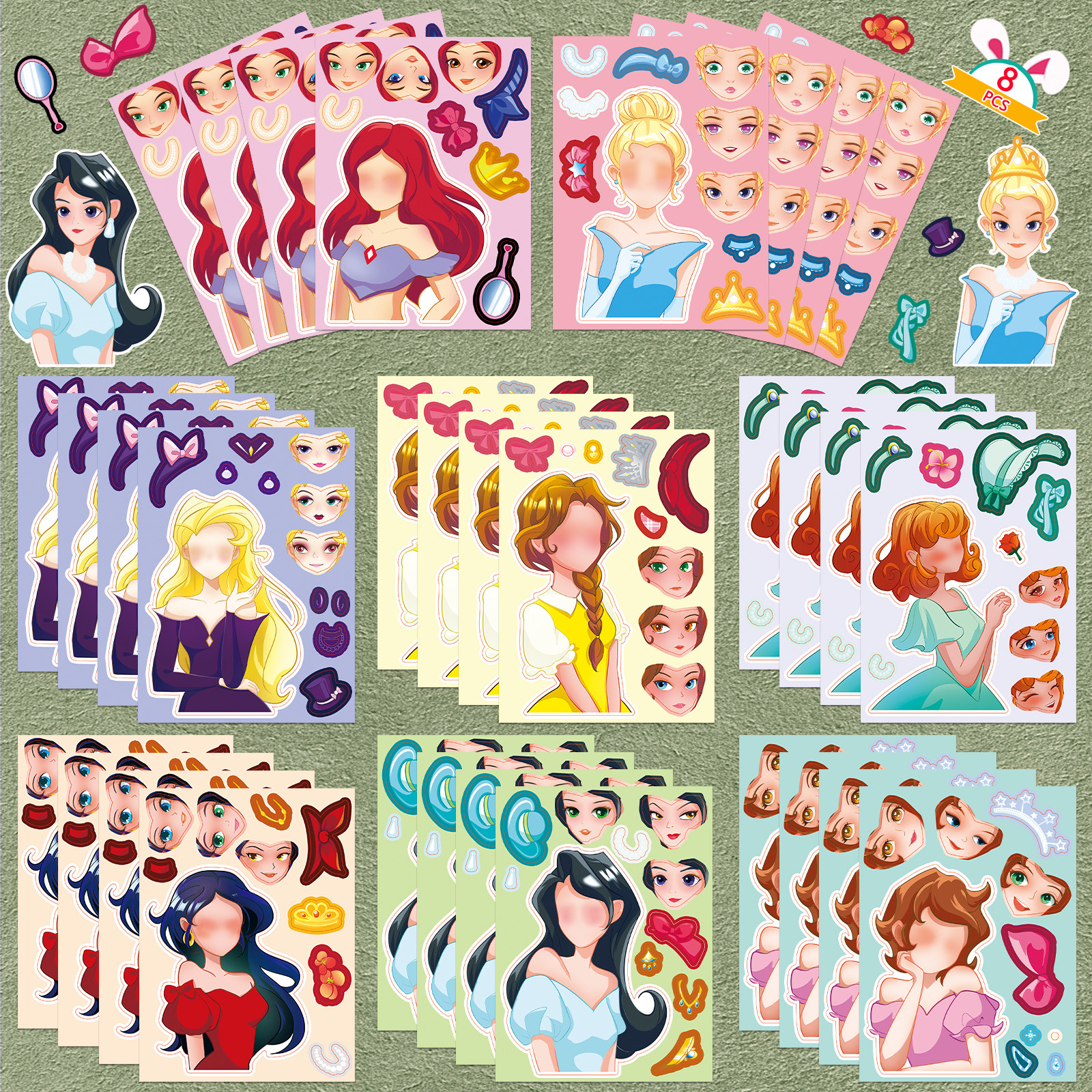 8张原创手绘不侵权公主换脸贴纸套图拼图亲子互动DIY游戏动画可爱彩绘装饰笔记本旅行箱手账素材咕卡套装贴纸