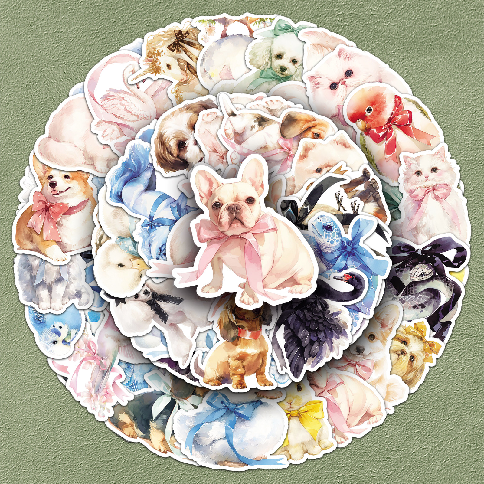 100张软萌蝴蝶结动物涂鸦贴纸可爱女孩咕卡手帐素材防水装饰头盔自