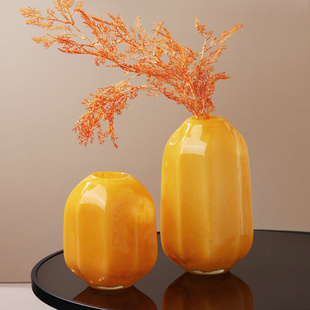 琉璃玻璃花瓶简约轻奢高级感摆件客厅插花餐桌 蜜蜡黄加厚彩色法式