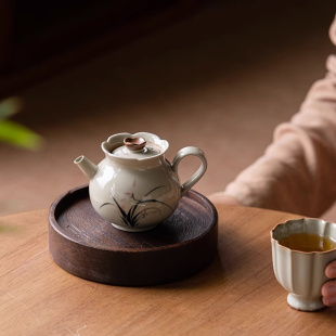 泡茶家用功夫茶具 草木灰手绘兰花茶壶 陶瓷壶承茶杯品茗杯一人