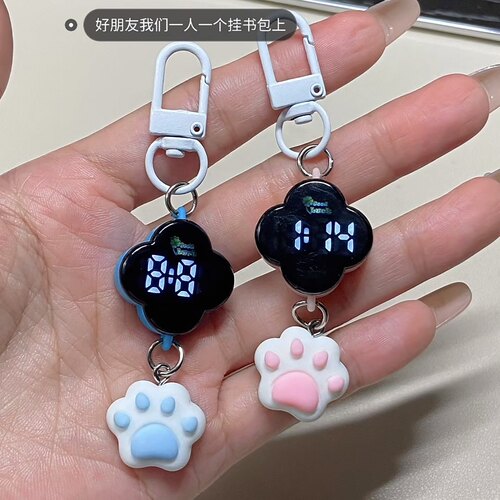 四叶草LED电子表卡通猫爪钥匙扣
