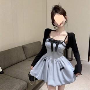 美式韩版气质甜美减龄纯欲辣妹拼接蝴蝶结吊带连衣裙加外套两件套