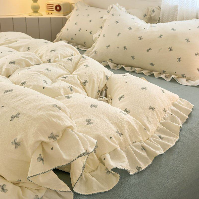 法式花边水洗棉皱皱纱四件套超柔双层纱小碎花磨毛床单床上用品,床上用品,学生床品套件,淘宝优惠券,粉丝福利购,淘宝优惠卷