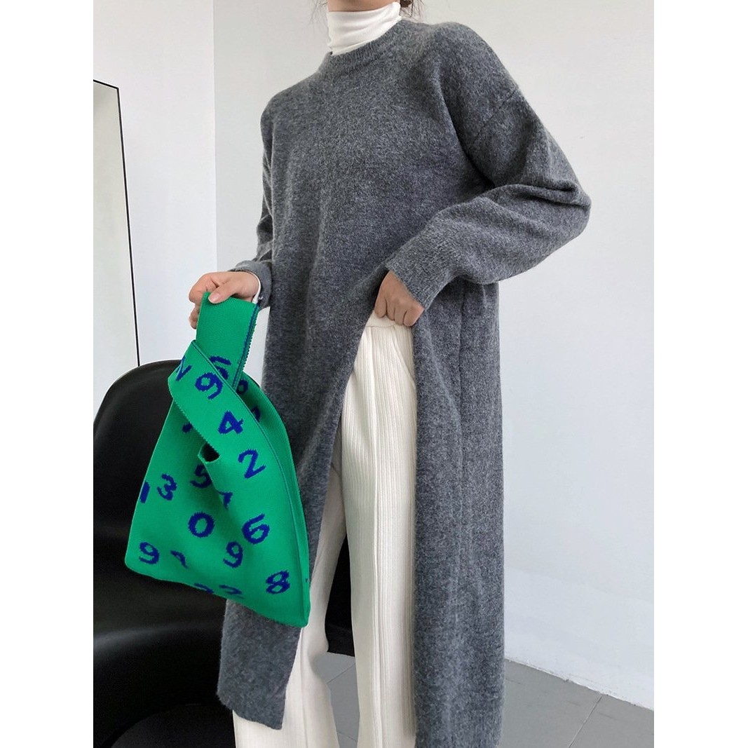 欧美跨境慵懒风圆领开叉中长款毛衣女2025秋冬新款宽松针织衫外套,女装/女士精品,羊绒衫,淘宝优惠券,粉丝福利购,淘宝优惠卷