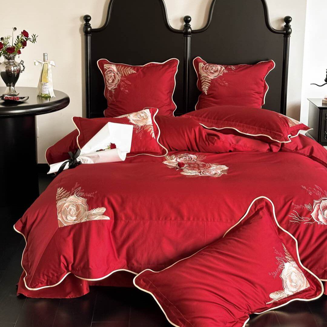 四件套花卉刺绣结婚被罩拼接床品红色高端欧式婚庆双股长绒棉纯棉