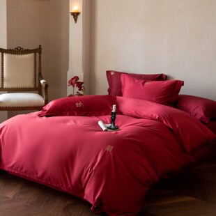 大红色结婚庆四件套高支高密纯棉被套床单床笠100S现代简约风刺绣