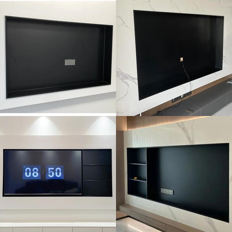 现货85寸不锈钢电视壁龛镶嵌入式背景墙装饰75寸金属边框展示书柜