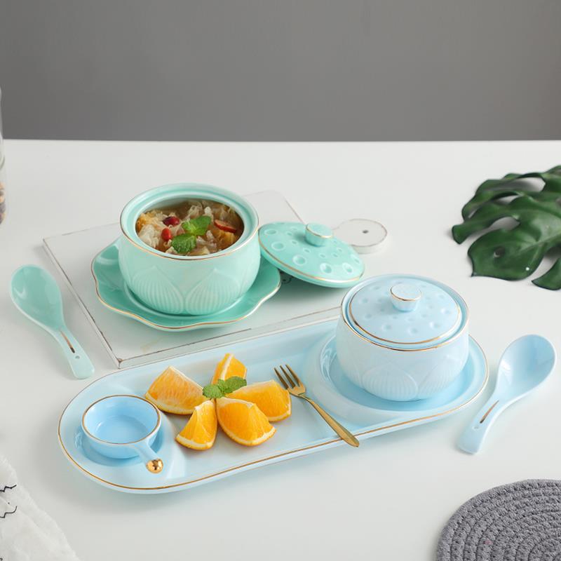 高典 燕窝碗带盖 甜品碗欧式宫廷银耳鱼胶炖盅金边陶瓷碗糖水粥碗