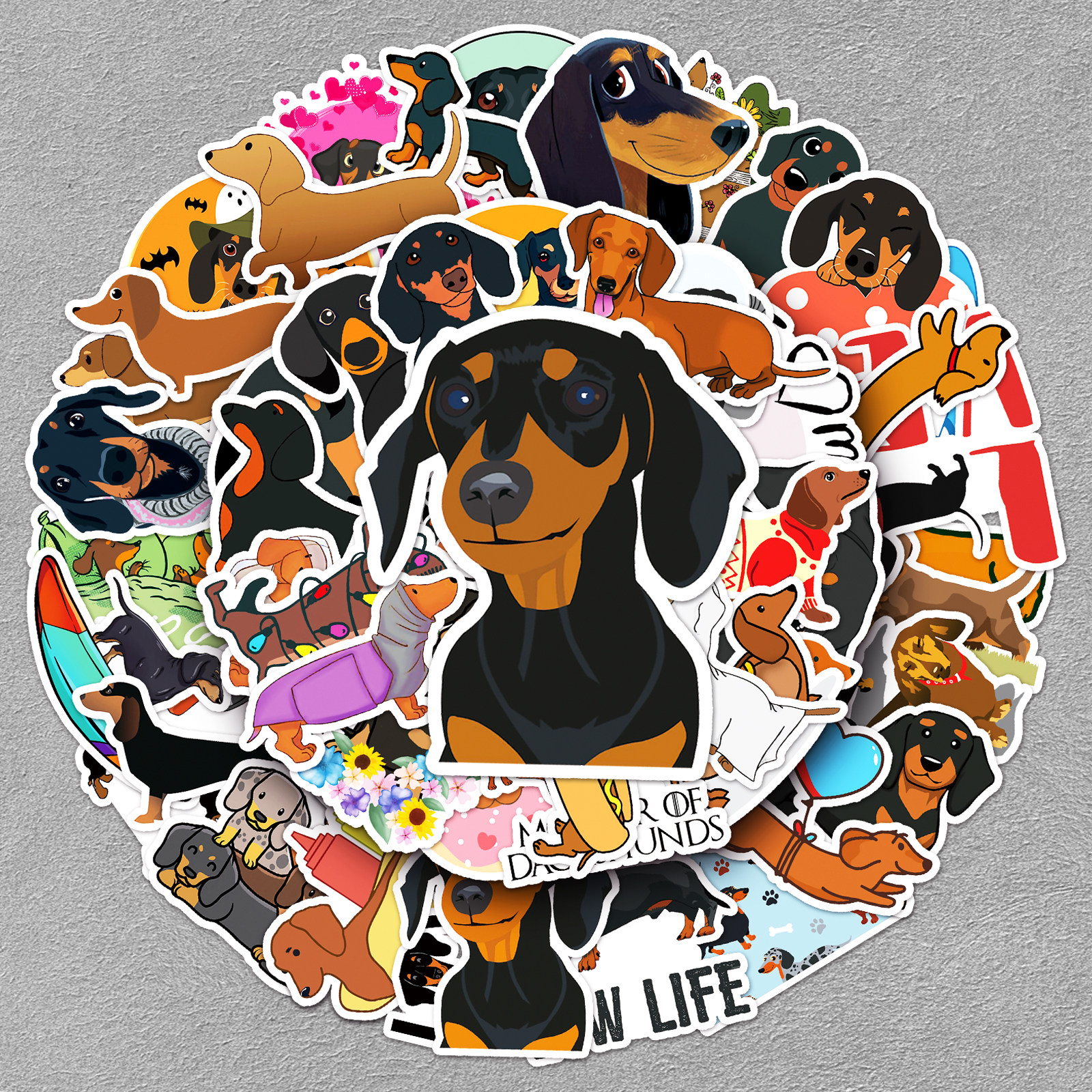 50张腊肠狗卡通贴纸呆萌狗狗装饰行李箱平板电脑水杯手机滑板贴画