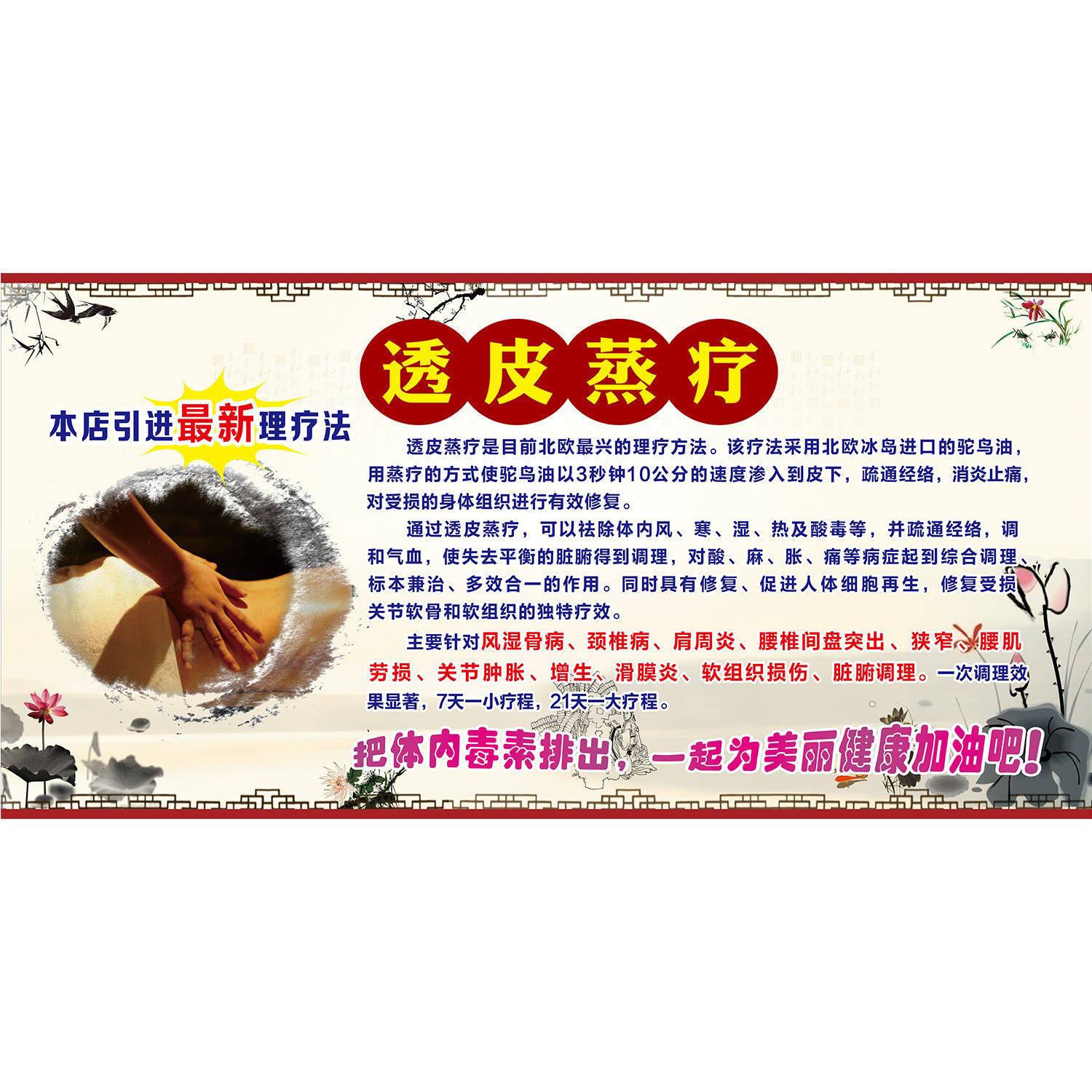 透皮蒸疗海报中医养生馆装饰画排湿颈肩腰腿痛挂图中药熏蒸背景墙