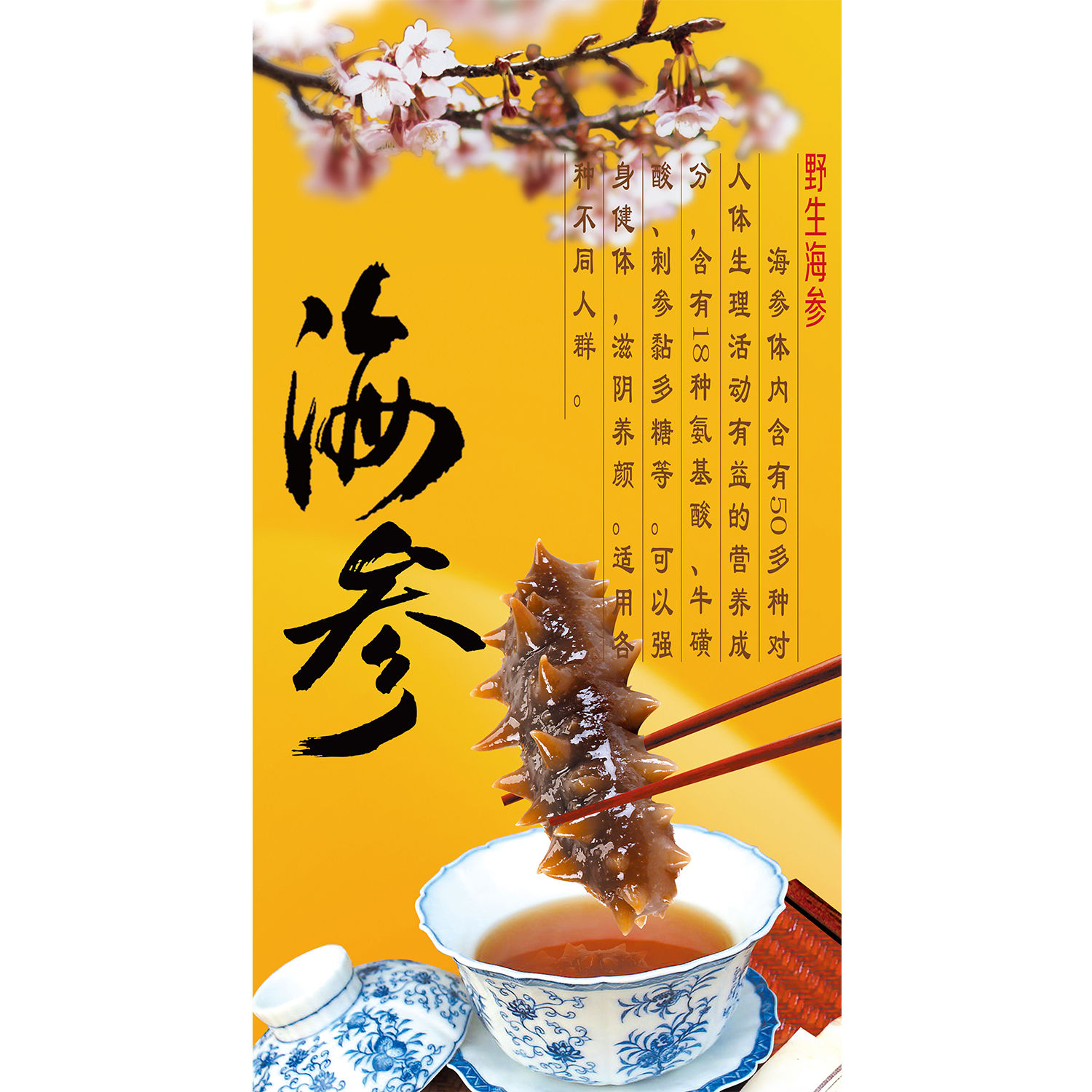 野生海参宣传画广告滋补品店墙壁装饰画海产品贴画海参功效海报