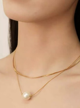 双层大颗珍珠项链高级感轻奢小众气质日常通勤百搭吊坠锁骨颈链女