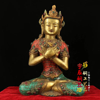西藏古寺收老纯铜手工打造镶宝石彩绘描金金刚总持一尊佛像摆件