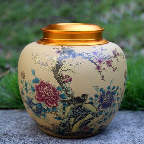 一斤装紫砂e鸟语花香牡丹梅花茶叶罐家用大号陶瓷密封罐普洱存茶