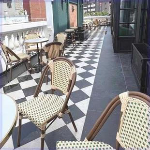 奶茶店大理石餐桌民宿桌椅组合板咖啡厅岩复古编藤西餐厅 户外法式