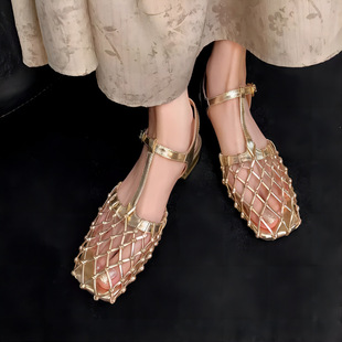 法式复古个性金色镂空网状银色绝美包头凉鞋女天仙女鞋后空单鞋