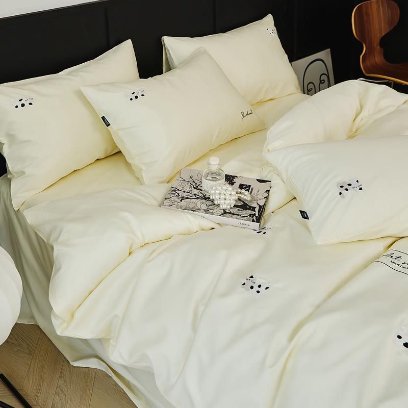 夏季凉感天丝棉四件套简约纯色刺绣被套床单床笠款床上用品