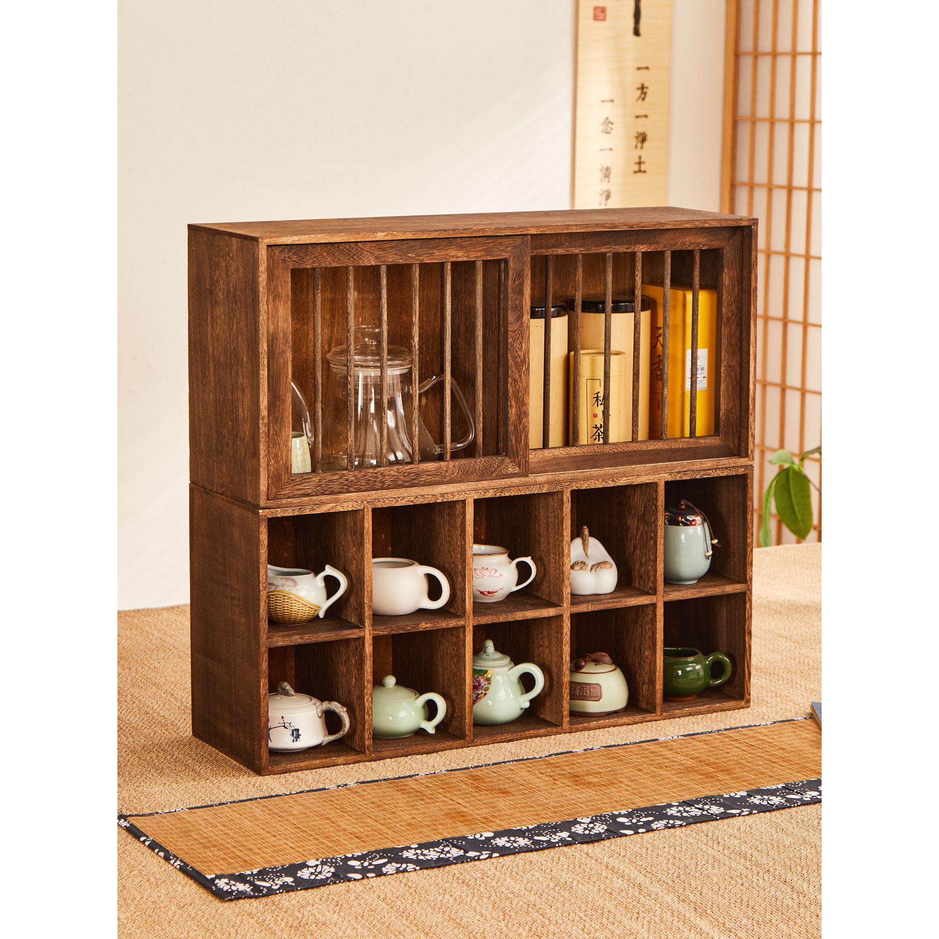 烧桐木防尘杯子收纳置物架实木茶具收纳架茶桌展示柜茶叶架博古架