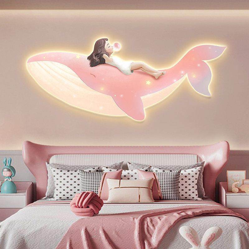 鲸鱼轻奢儿童房装饰画发光灯画男女孩房间床头挂画北欧卧室墙壁画,家居饰品,现代装饰画,淘宝优惠券,粉丝福利购,淘宝优惠卷