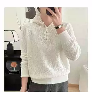 2234大码秋季新法式气质精致钩花设计长袖蕾丝小众连帽长袖上衣女