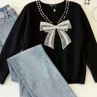 2712大码女装法式蝴蝶结钉珠针织衫春秋新款温柔风气质重工上衣
