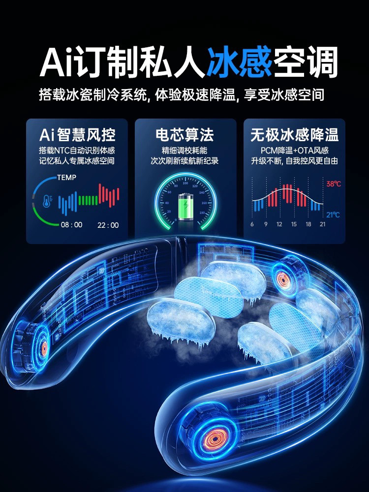 Remax睿量挂脖风扇USB可充电小型便携式随身懒人挂颈脖子无叶空调