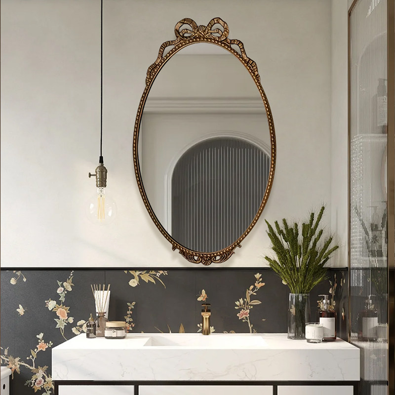 美式复古蝴蝶结雕花智能卫浴镜卧室可定制壁挂化妆镜客厅装饰镜子