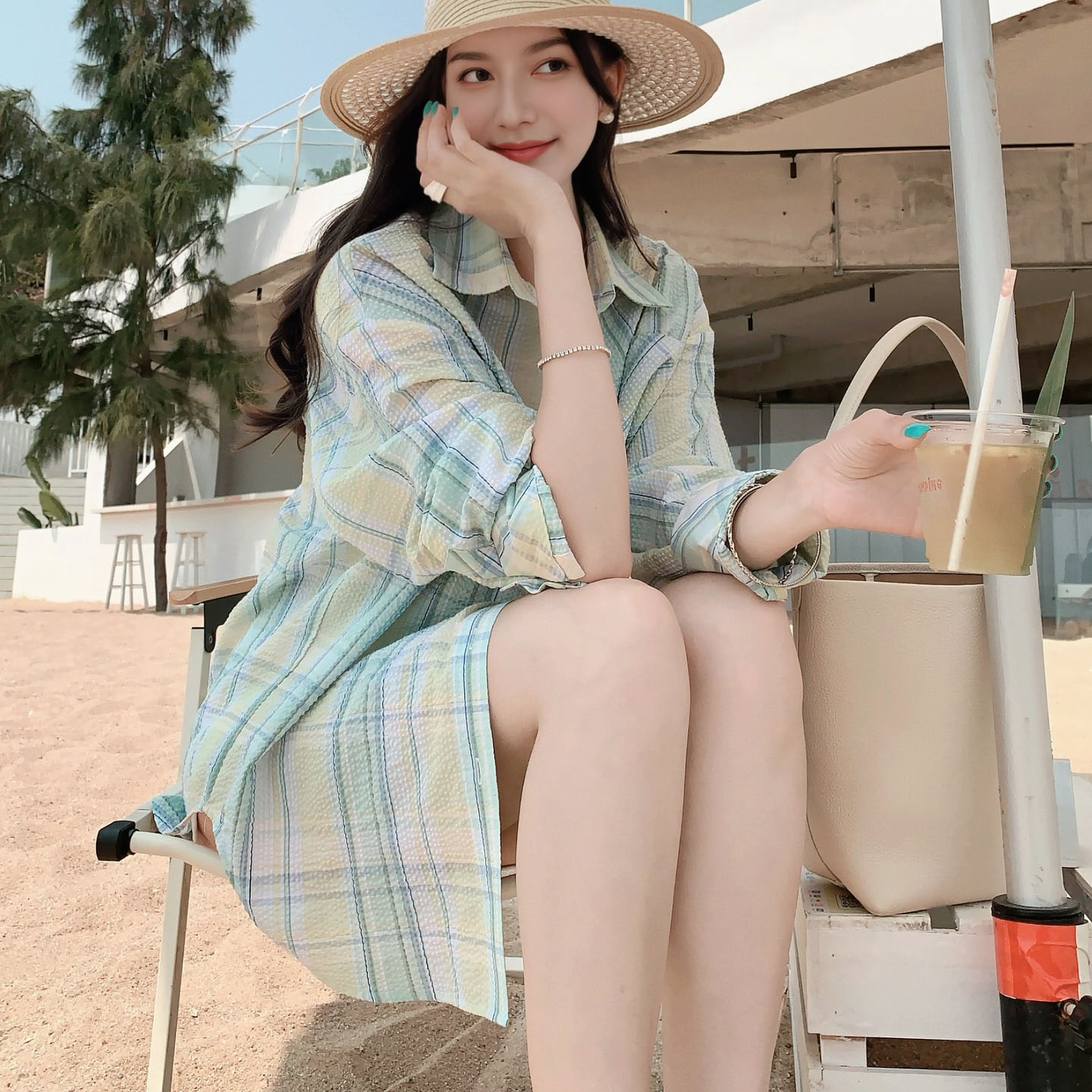 夏季薄款多巴胺薄荷绿色格子Polo领衬衫女设计宽松休闲衬衣外套潮